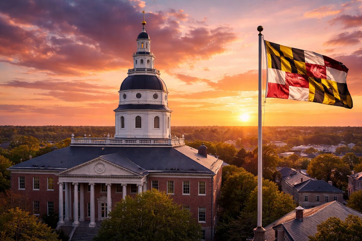Maryland State House dome at sunset, with the state flag flying